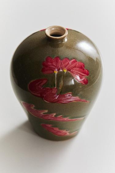 FLORAL STONEWARE VASE - Dark green by Zara