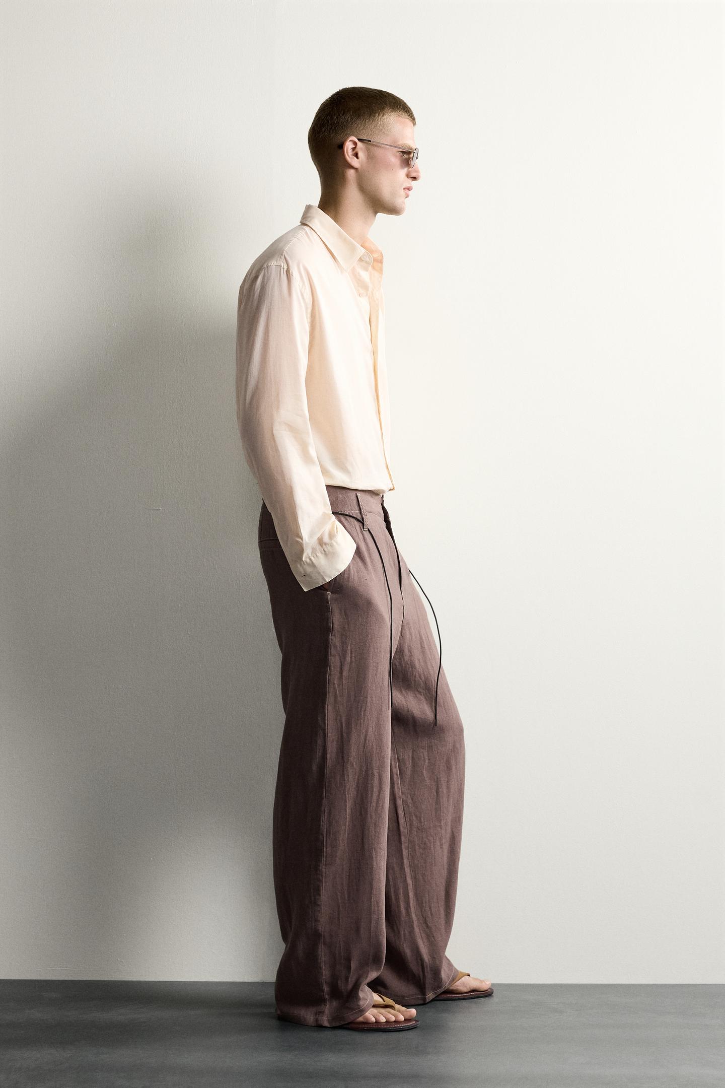 Мужские брюки Zara 100% Linen Relaxed Fit, цвет: Коричневый — фото 4