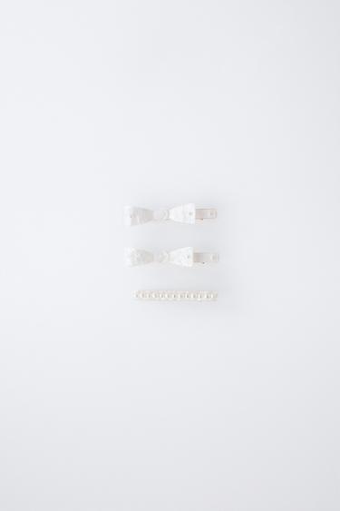 PACK OF THREE MOTHER-OF-PEARL HAIR CLIPS WITH BOWS AND FAUX PEARLS - White by Zara