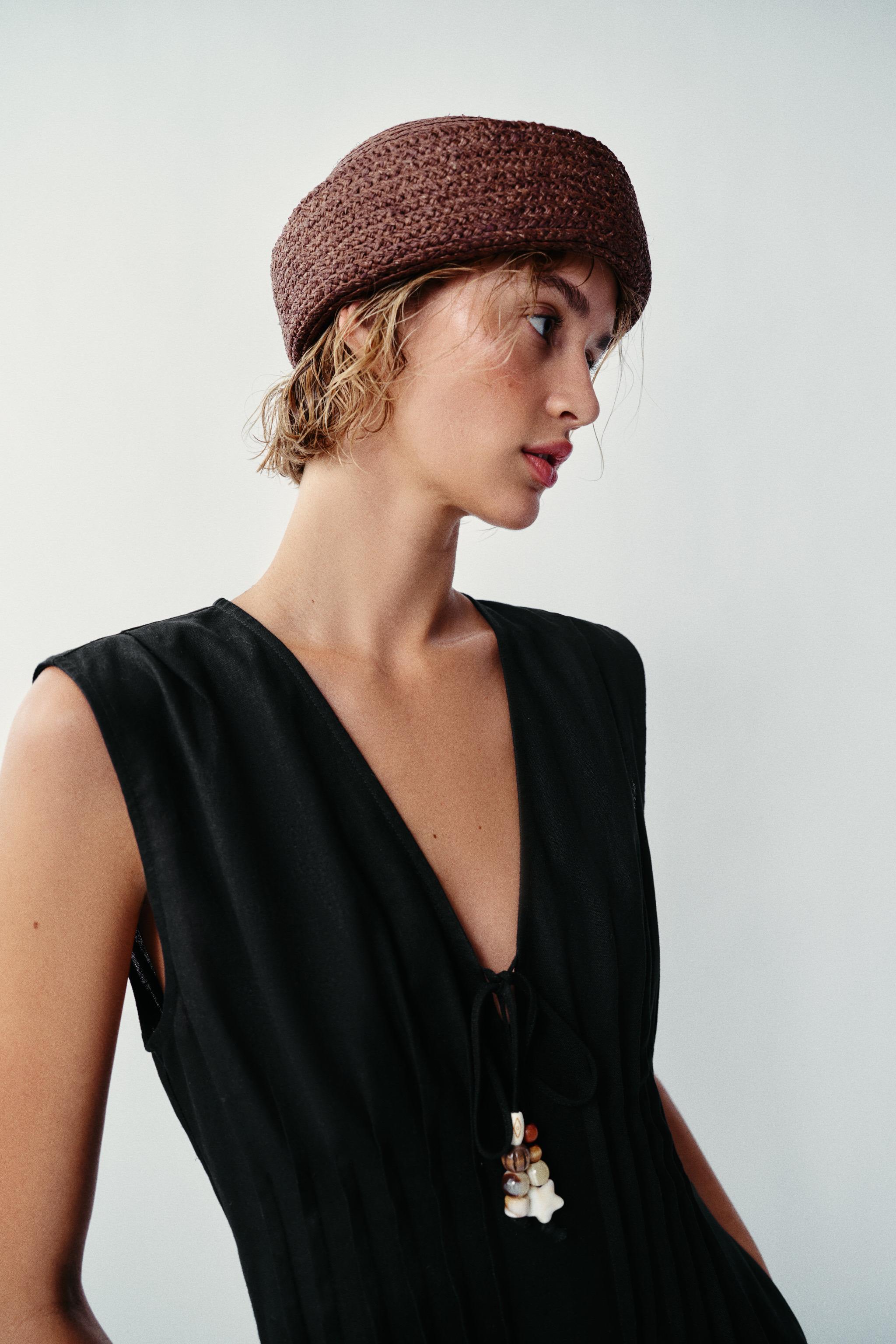 100% RAFFIA CAP WITH TURN-UP — Brown