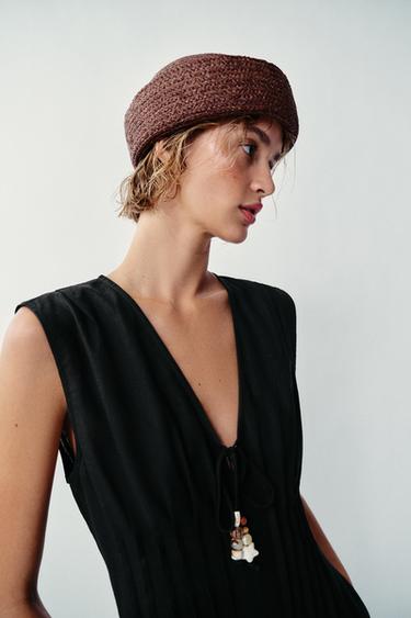 Zara 100% RAFFIA CAP WITH TURN-UP - Brown