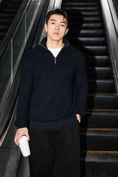 PURL KNIT QUARTER-ZIP JUMPER - Navy blue by Zara