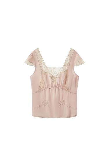 SATIN TOP WITH EMBROIDERED LACE - Pastel pink by Zara