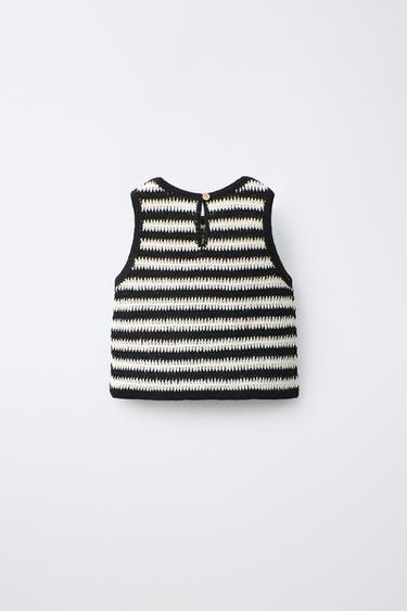 TOP EN CROCHET À RAYURES BRODERIE CERISES - Écru / Noir de Zara - Image 1