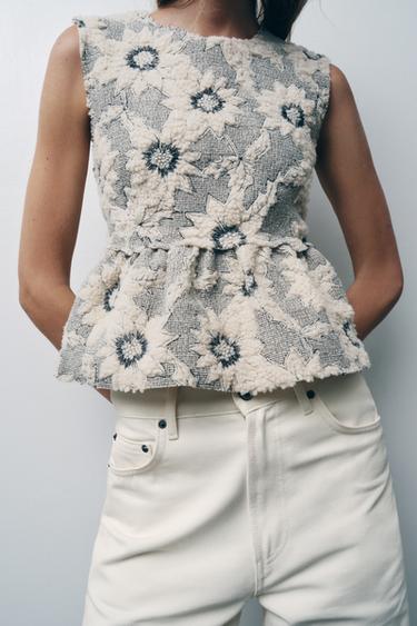 FLORAL TEXTURED PEPLUM TOP - Ecru / Black by Zara - Image 3