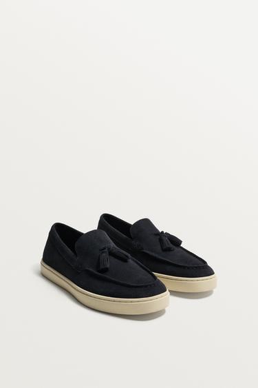 GIÀY MOCCASIN DA CASUAL ĐÍNH QUẢ TUA RUA - Xanh Dương từ Zara