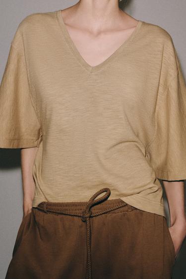 Zara V-NECK T-SHIRT - taupe brown