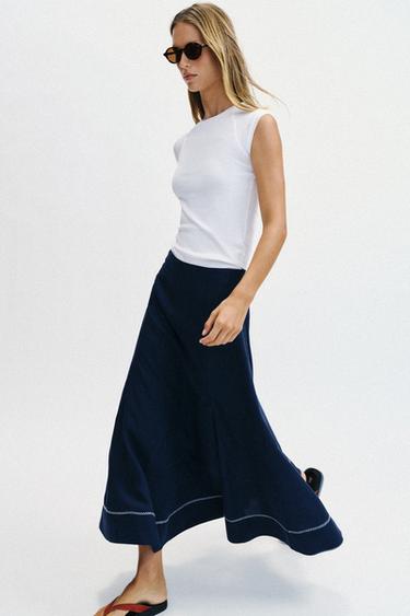 EMBROIDERED FLARE MIDI SKIRT - Ink blue by Zara