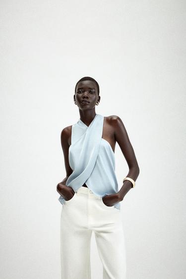 Zara SATIN HALTER TOP - Sky blue