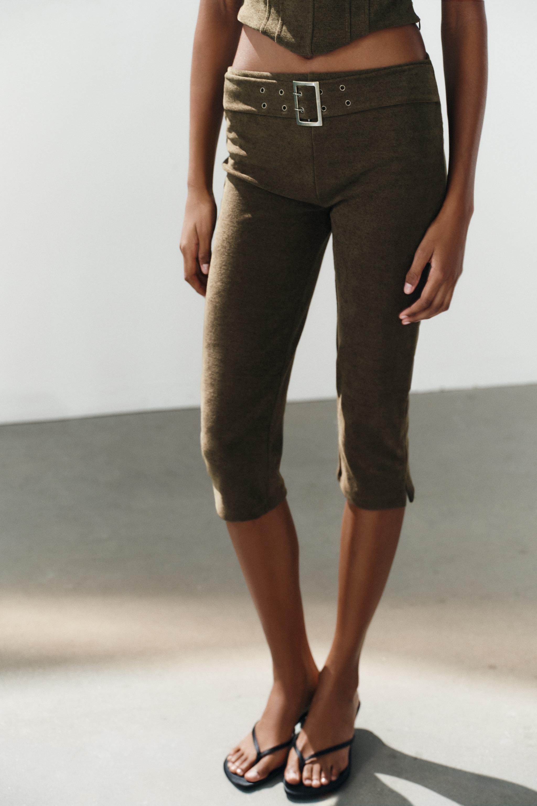 CORDUROY CAPRI PANTS WITH BELT — Dark olive