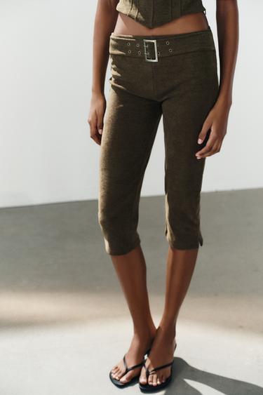 CORDUROY CAPRI TROUSERS WITH BELT - Dark olive by Zara