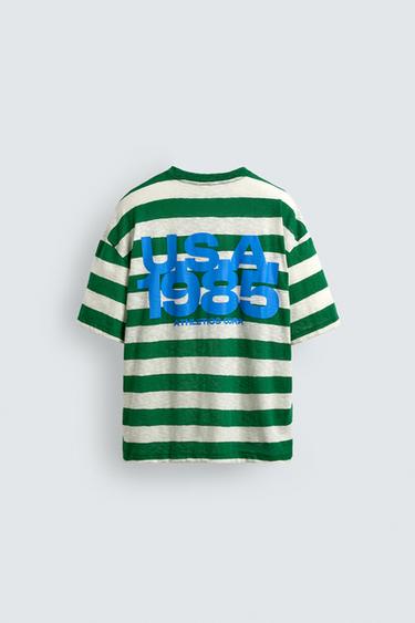 T-SHIRT À RAYURES AVEC IMPRIMÉ EN CONTRASTE - Vert / Écru de Zara - Image 7