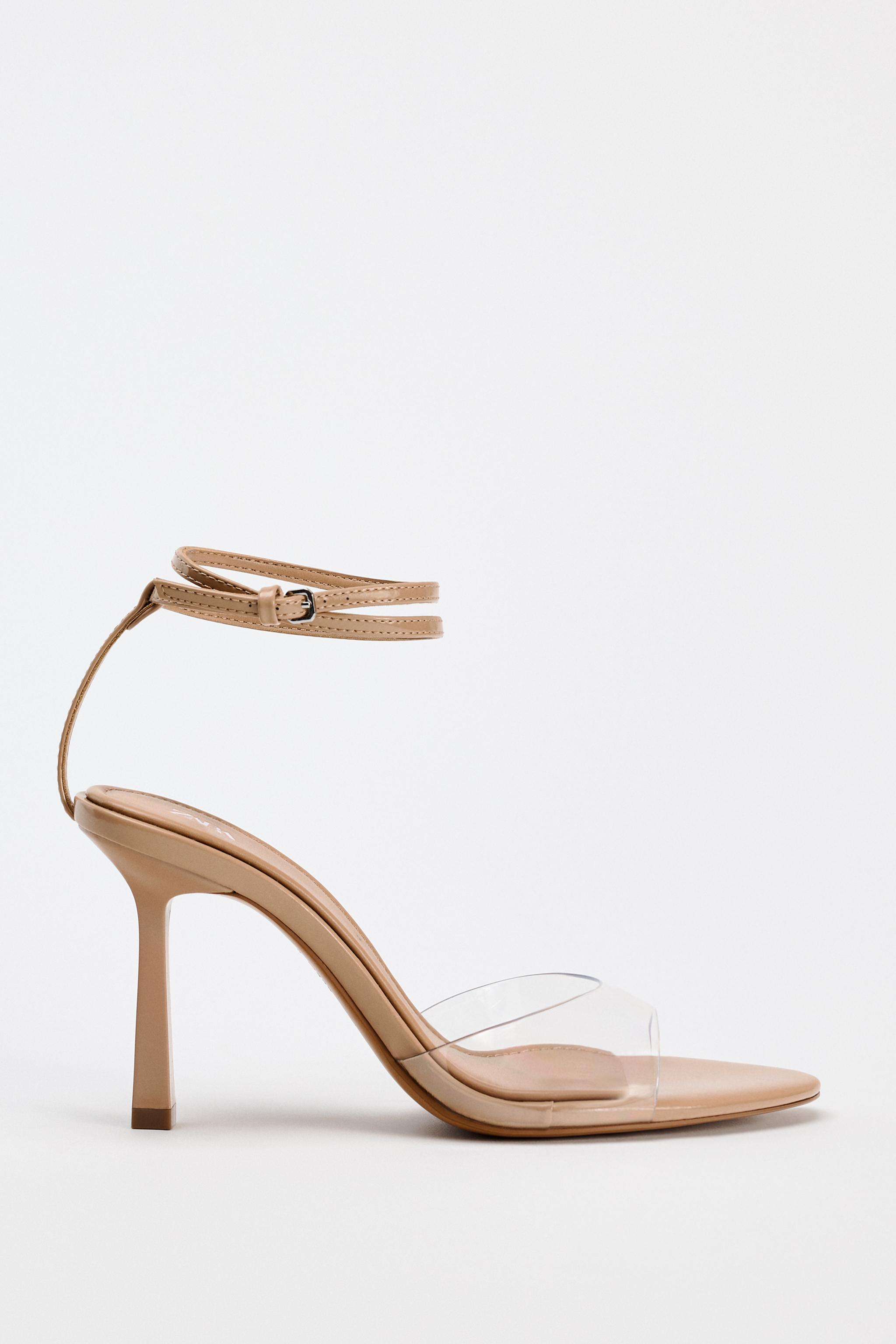 Zara High Heeled Vinyl Ankle Strap Sandals Beige Women