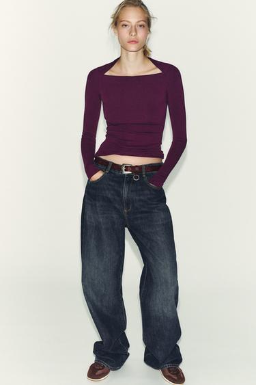 RIBBED LONG SLEEVE T-SHIRT - Wine by Zara