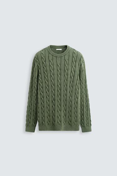 Zara WASHED CABLE-KNIT SWEATER - Green