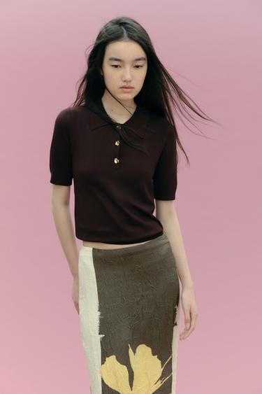 ショートスリーブニットポロトップチョコレート0Zaraのショートスリーブニットポロトップ - チョコレート - 画像 0