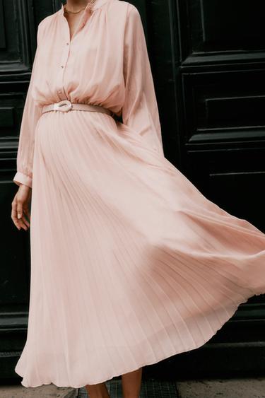 ROBE MIDI PLISSÉE CEINTURE - Beige rosé de Zara - Image 3