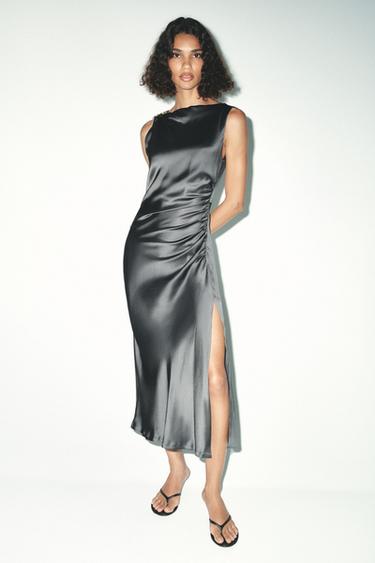SATIN DRESS WITH GOLD APPLIQUÉ - Anthracite grey by Zara - Image 0