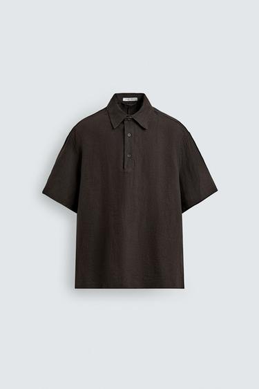 100% LINEN POLO SHIRT - Dark brown by Zara