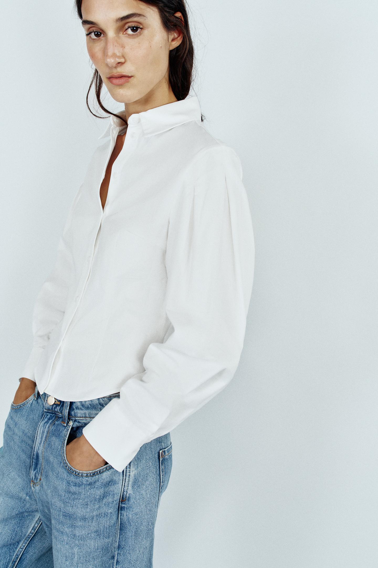 Женская рубашка Zara Pleated-Sleeve, цвет: Устричный белый — фото 4