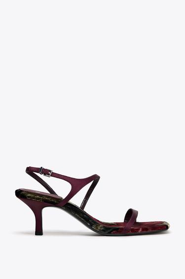 VELVET PRINT HEELED SANDALS - Burgundy Red by Zara