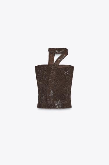 TOP MIT FOULARD UND SCHMUCKPERLEN - Braun von Zara