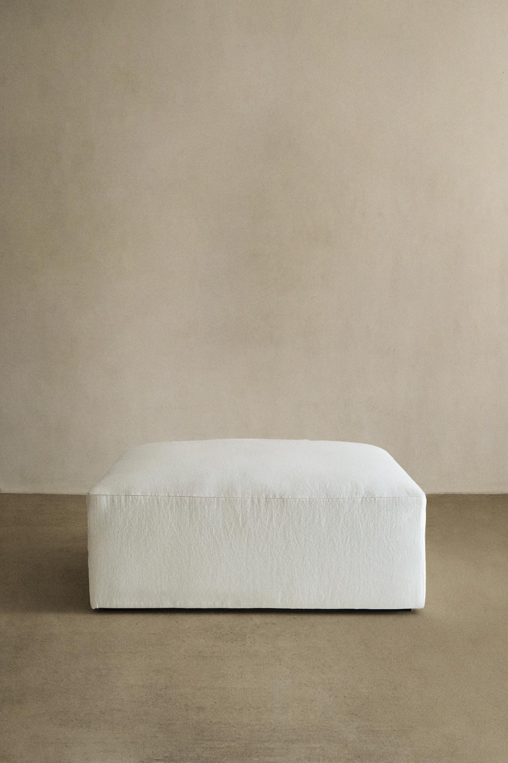REMOVABLE WASHED LINEN OTTOMAN — Oyster-white