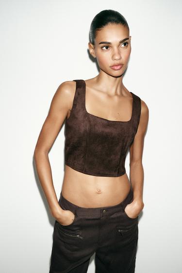 FAUX SUEDE CROP TOP - Chocolate brown by Zara - Image 3