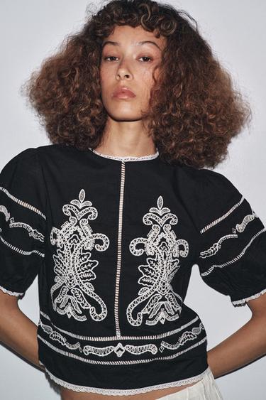 Zara ZW COLLECTION CONTRAST EMBROIDERY BLOUSE - Black