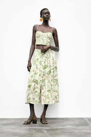 Zara PRINTED LINEN SKIRT - yellow