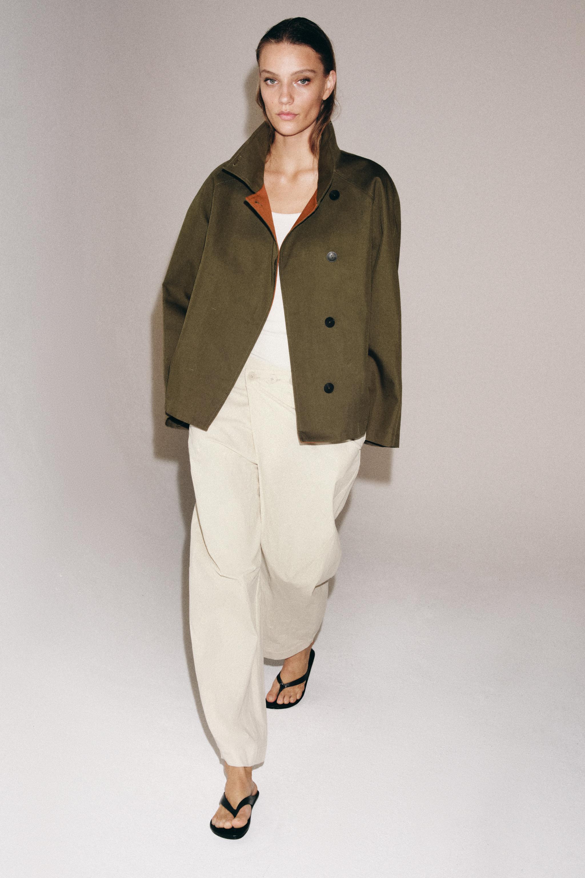 ZW COLLECTION ハイネック ショートトレンチコート - グリーンオレンジ