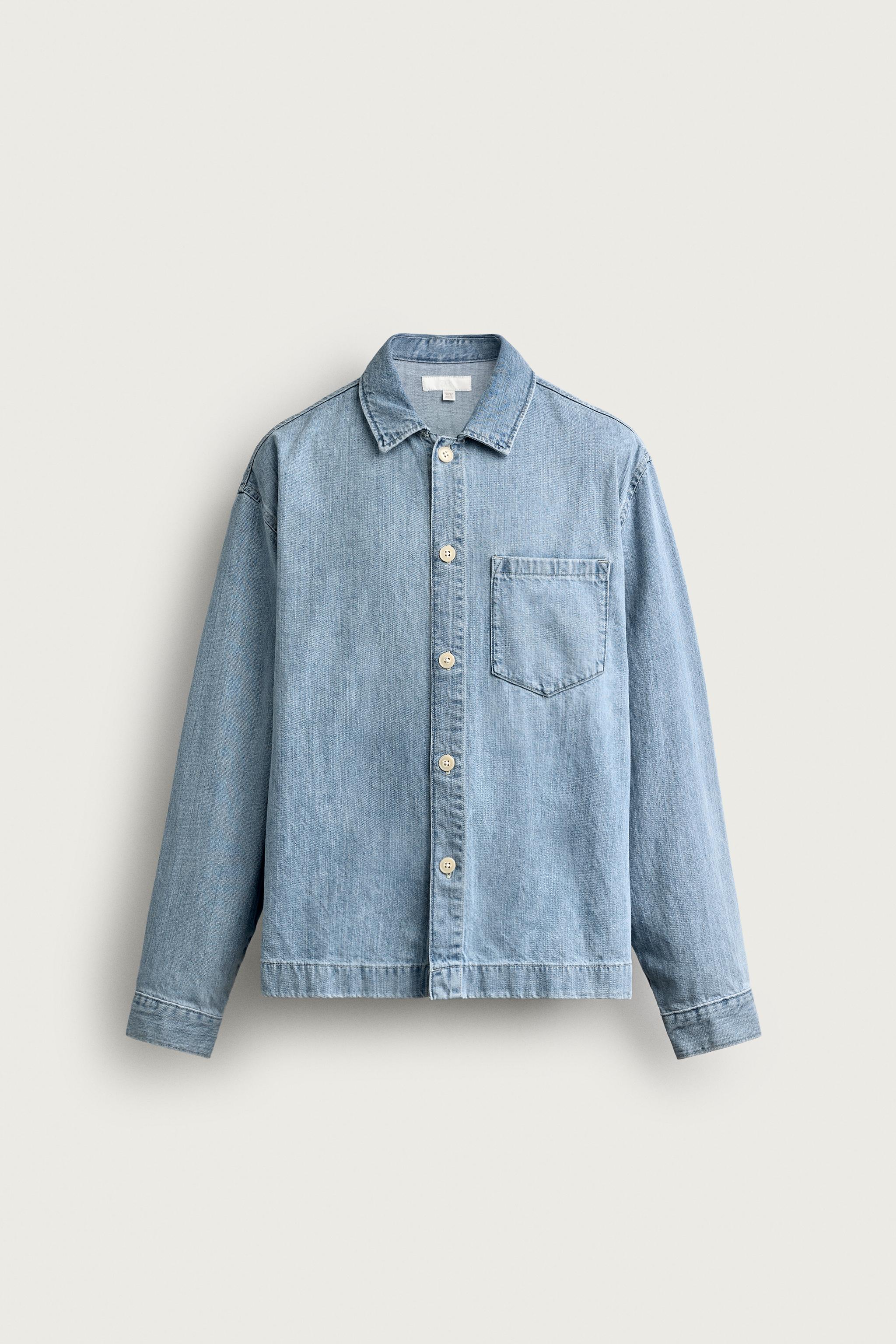 BOXY FIT DENIM SHIRT — Mid-blue