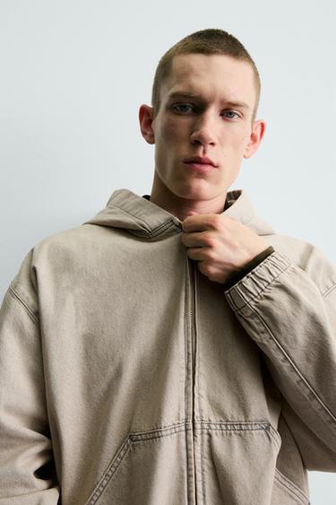 EMBROIDERED HOODED DENIM JACKET - Ecru / Brown by Zara - Image 4