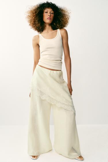 WIDE-LEG WRAP TROUSERS WITH LACE - Ecru by Zara