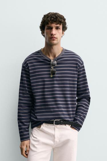 CAMISETA RELAXED FIT RAYAS - Gris / Azul de Zara