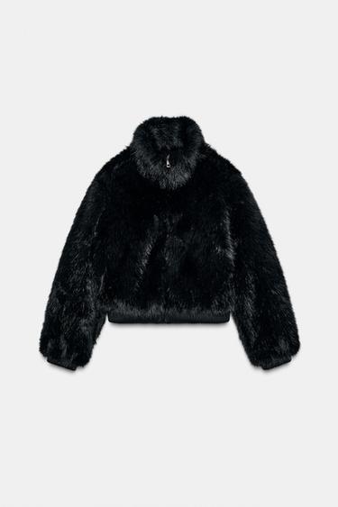 Zara FAUX FUR HIGH COLLAR BOMBER JACKET - Black - Image 0