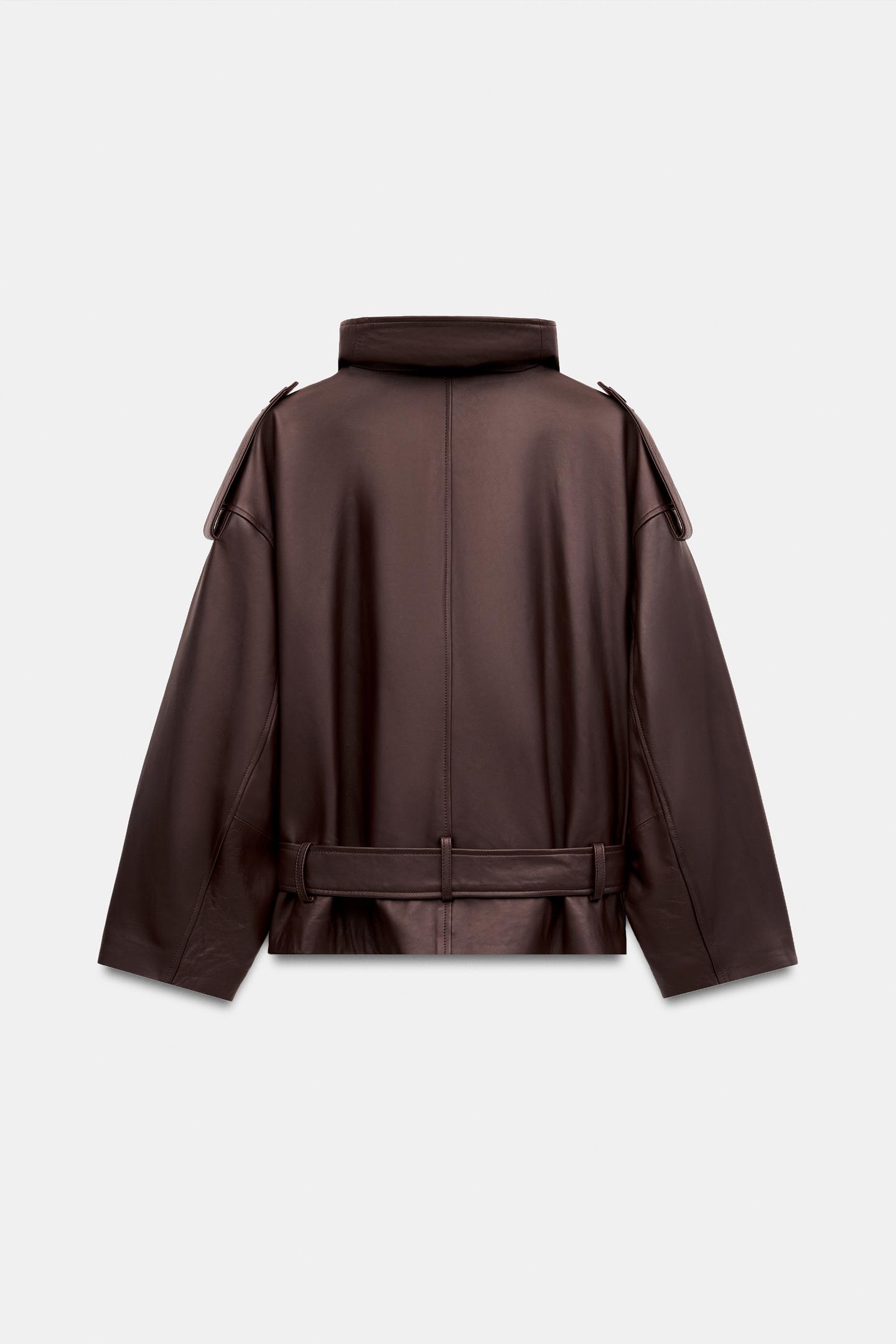 Женская куртка Zara 100% Leather Belted, цвет: Тёмный баклажановый — фото 3