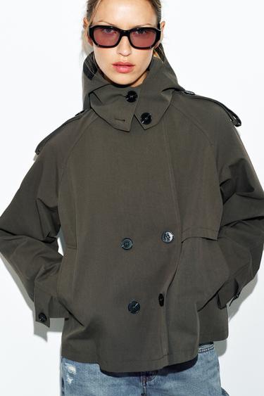 ショート丈フード付きトレンチコートダークカーキZaraのショート丈フード付きトレンチコート - ダークカーキ 