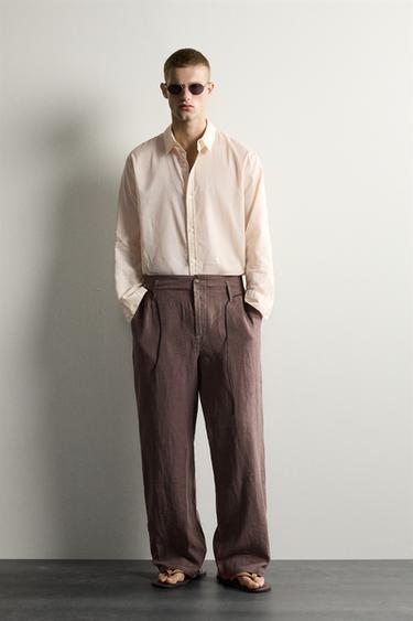 بنطلون RELAXED FIT من الكتان 100% - بني الخاص بـ Zara