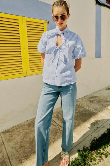 STRIPED TOP WITH BOWS - White / Sky blue by Zara - Image 0