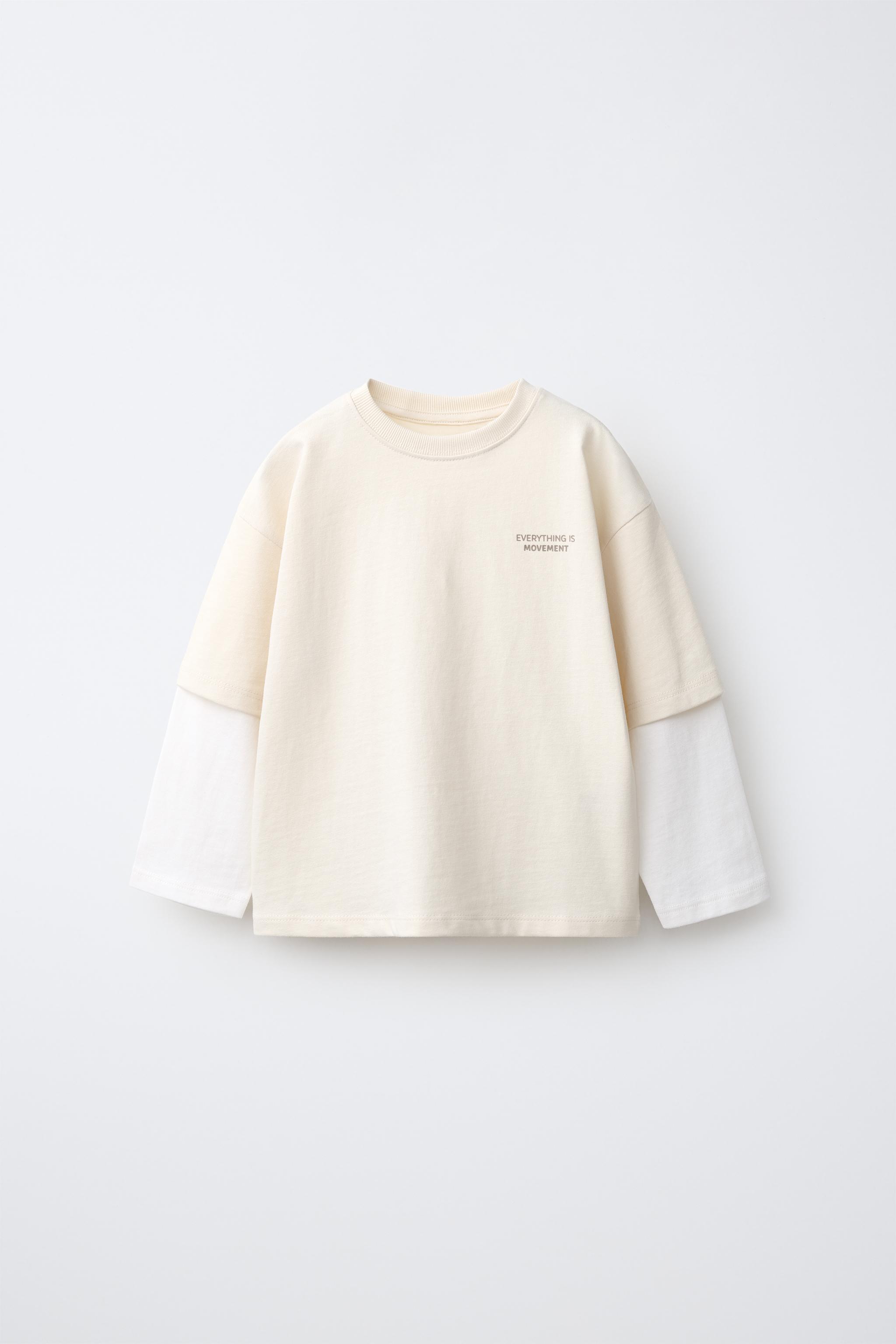 DOUBLE LONG SLEEVE TEXT T-SHIRT - Light beige | ZARA United States