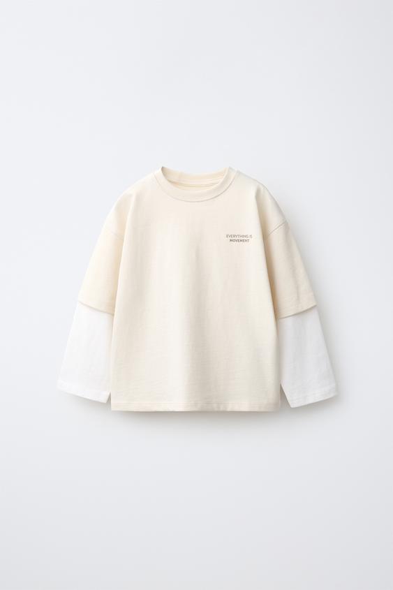 DOUBLE-SLEEVE SLOGAN T-SHIRT - Light beige by Zara - Image 0