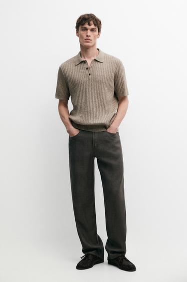 Zara 100% cotton knit polo collar sweater - taupe brown - Image 0