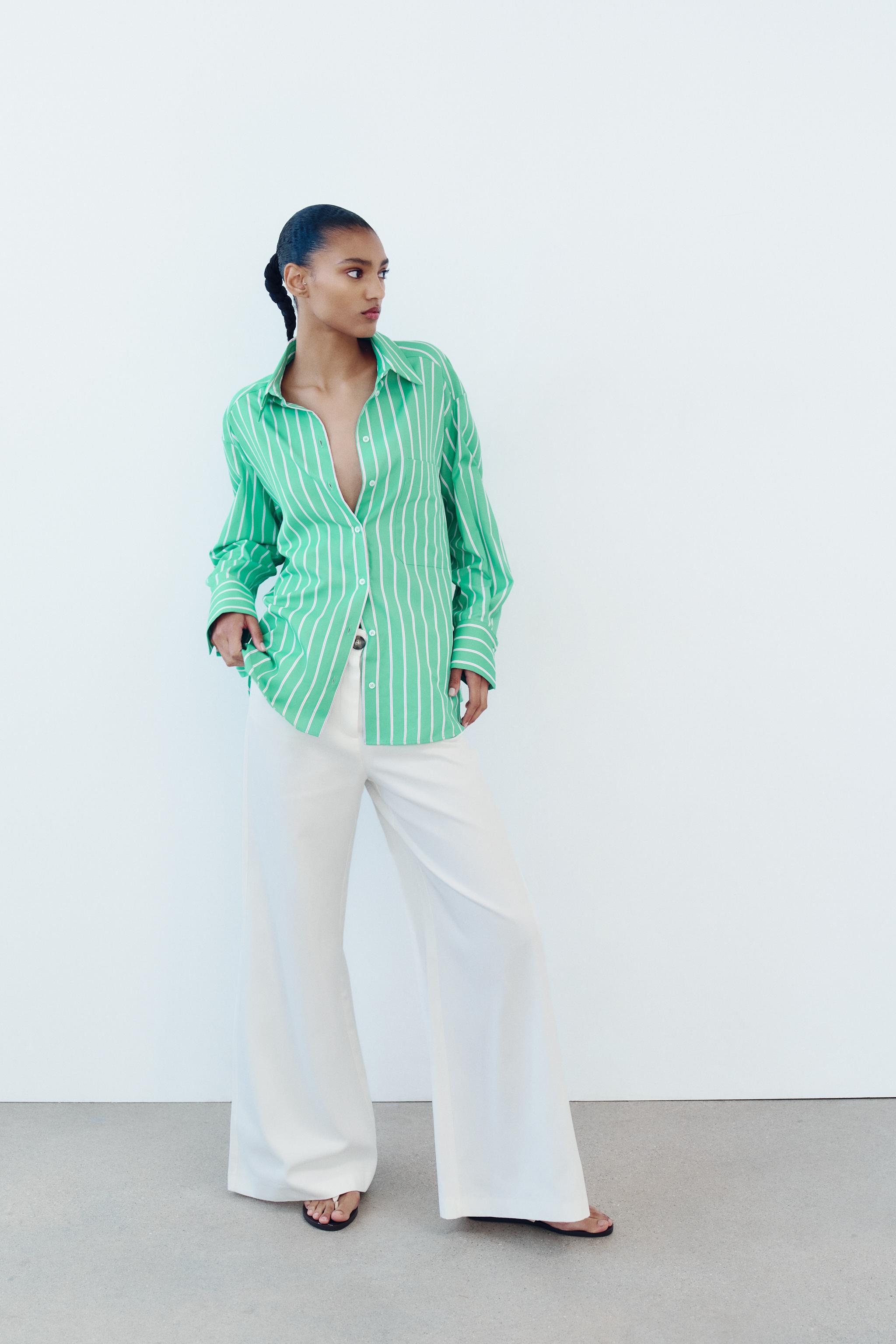 OVERSIZE STRIPED POPLIN SHIRT - Green/White | ZARA United States