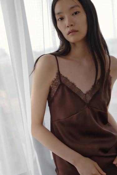 SATIN TOP WITH LACE - chocolate by Zara