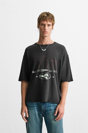 Zara WASHED PRINT KNIT T-SHIRT - Black
