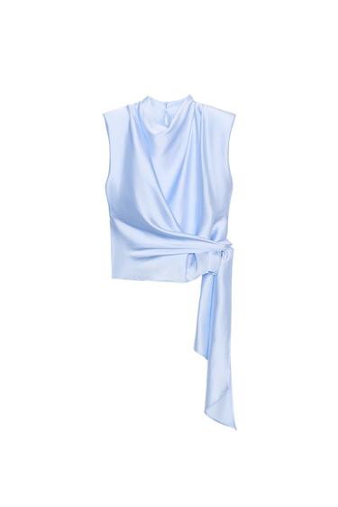 SATIN TOP WITH SHOULDER PADS AND KNOT - Light blue by Zara