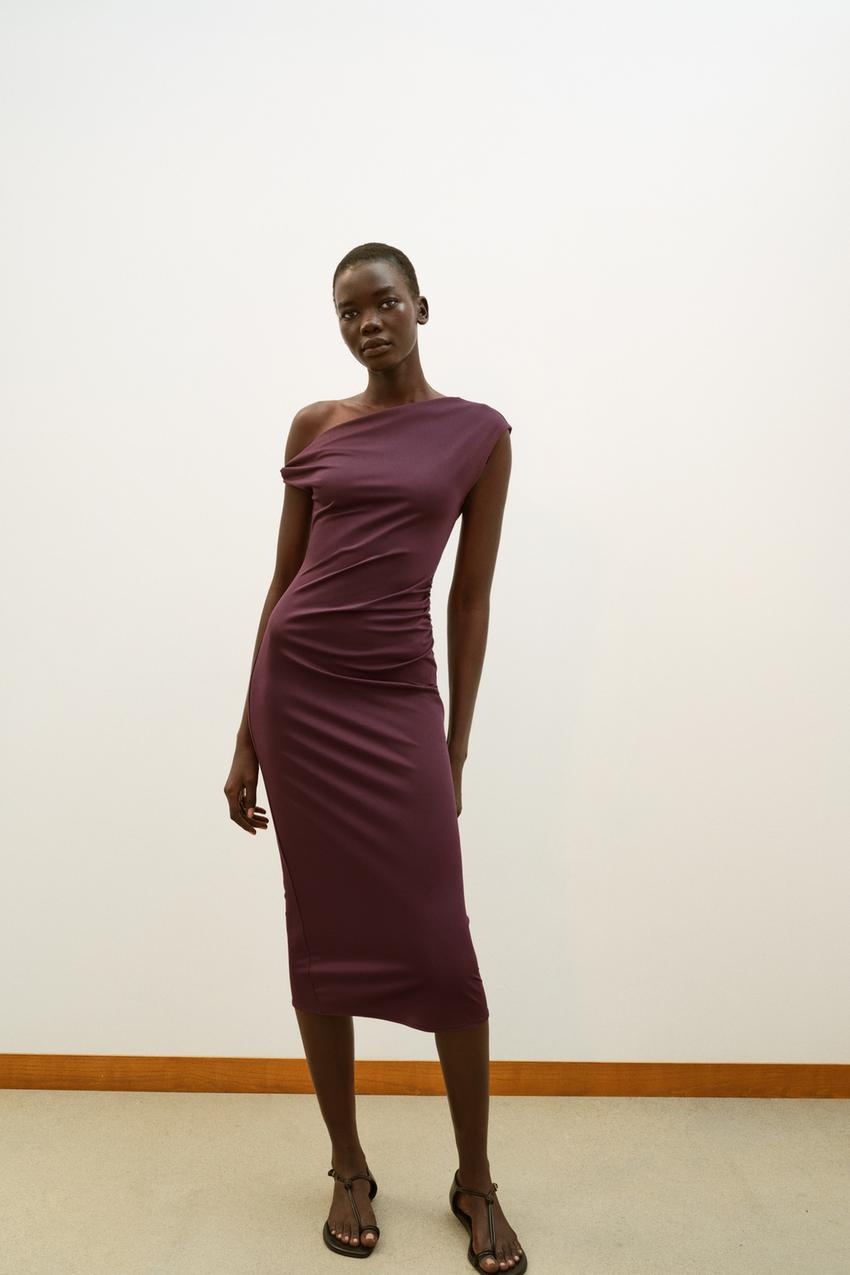 ASYMMETRIC MIDI DRESS - Burgundy | ZARA United States ASYMMETRIC MIDI DRESS - Burgundy | ZARA United States