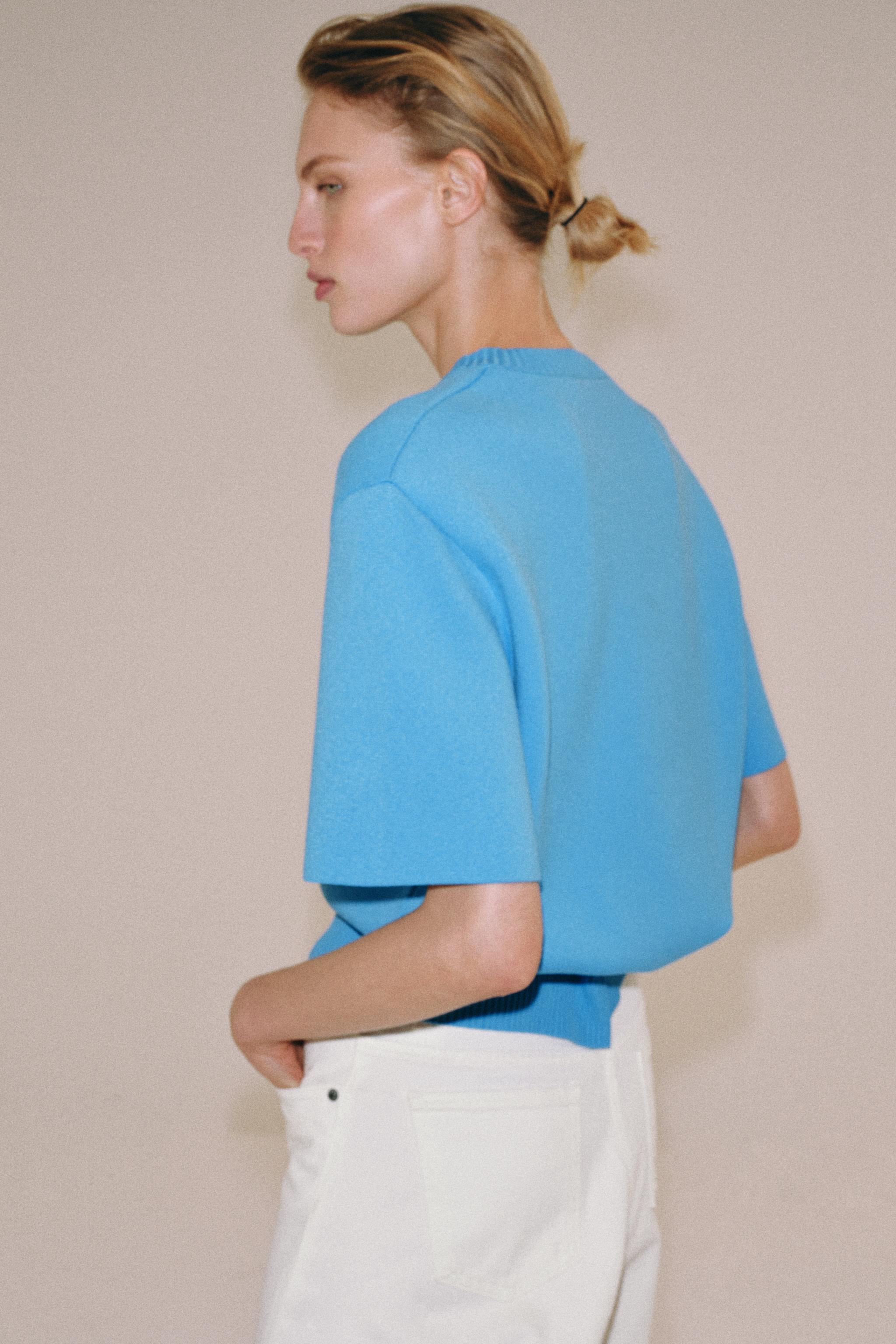 KNIT SHORT SLEEVE JUMPER WITH SHOULDER PADS — Blue
