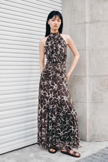 Zara 繞頸吊帶印花長版網紗連身裙 - 棕色